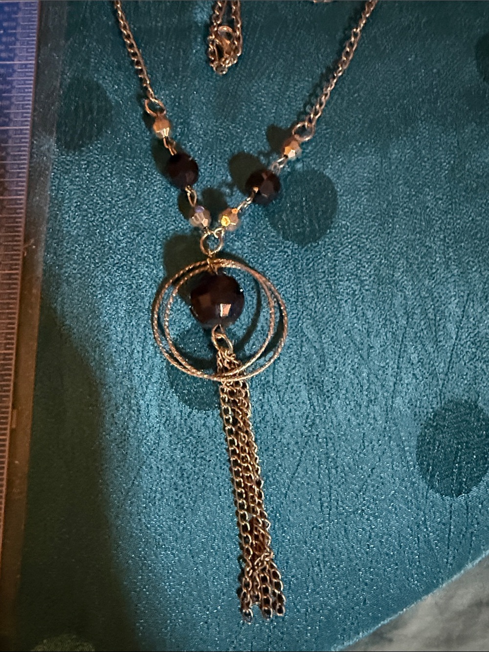 Silver Chain Necklace with Black Faceted Beads and Tassel